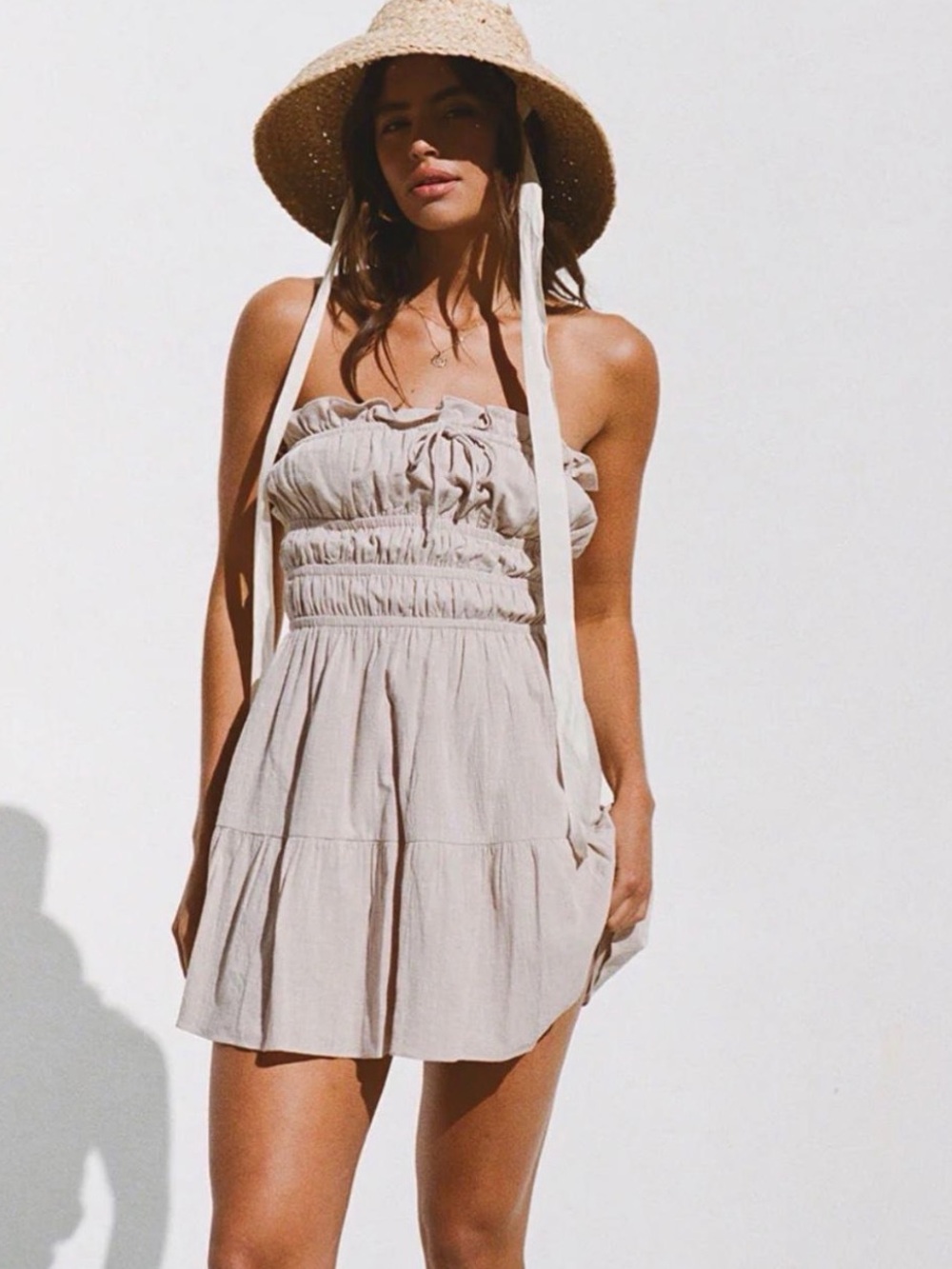 Strapless Ruched Mini Dress in Light Taupe